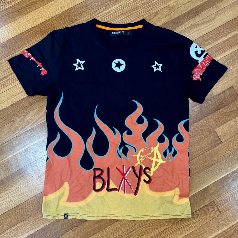 The Black Keys T-Shirt Life Without Fear Band Tee AOP Flame Graphic Mens Large